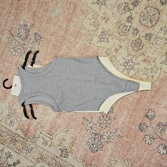 Pink Rose 2 Pack Cream & Gray Snap Crotch Ribbed Thong Bodysuits - Size XS/S - Picture 2 of 7